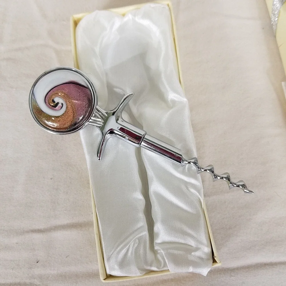 Arte Murano By D'Moda Wine Corkscrew Silver New Glass Swirl Handcrafted 5in